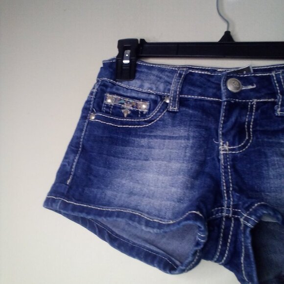 Soundgirl Shorts Juniors 1 Button Pockets Embroidery Rhinestones Denim Blue - Picture 3 of 14